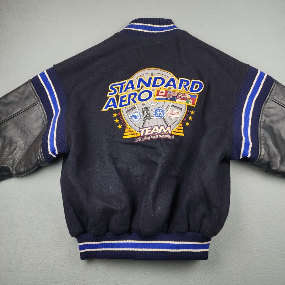 Standard Aero Jacket Mens Large Blue Wool Leather Varsity Bomber Embroidered